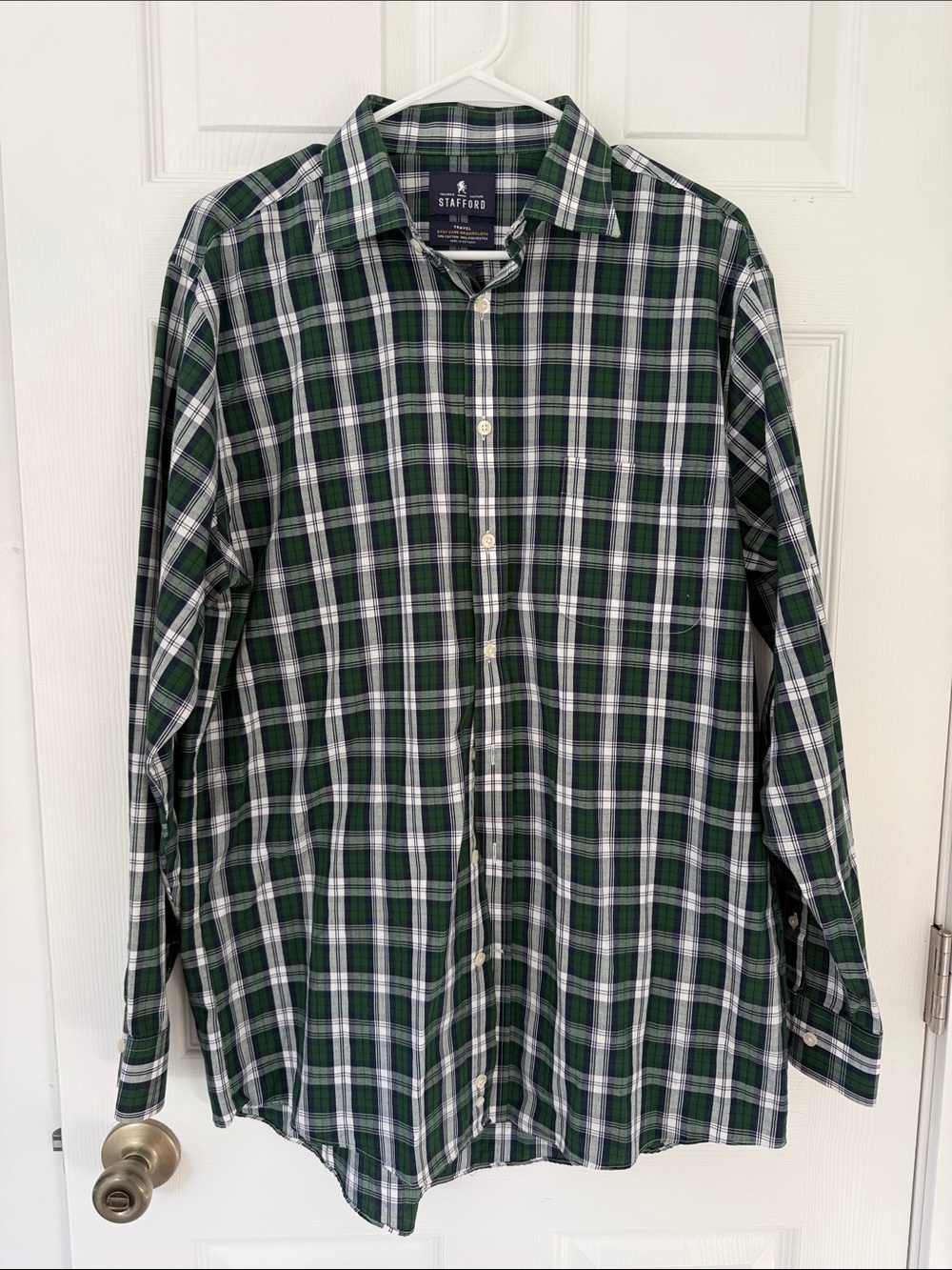 Stafford Men’s Green Navy White Plaid Button-Down Shirt